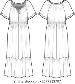 Technical Fashion Illustration of a Ruched Midi Dress with Puff Sleeves and Tiered Ruffles