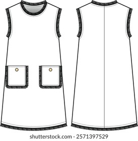 Technical Fashion Illustration of a Sleeveless White A-Line Mini Dress with Fringed Trim and Patch Pockets