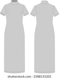 Technical Fashion Illustration: Slim Fit Short Sleeve High Neck Maxi Dress, Jersey, Front and Back View, Women's CAD, Gray, Flat Drawing Template.