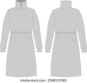 Technical fashion illustration: Slim fit midi dress with high collar, jersey, front and back view, women's CAD, gray, flat drawing template.