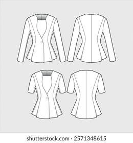 Technical Fashion Illustration of Two Women's Blazer Variations, Front and Back Views