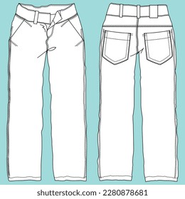 Technical fashion illustration Unisex denim pants with technical drawing planetary fashion cuts, pocket, zipper, front and back view, white, women, men, CAD makeup.