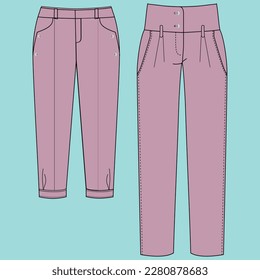 Technical fashion illustration Unisex denim pants with technical drawing planetary fashion cuts, pocket, zipper, front and back view, white, women, men, CAD makeup.