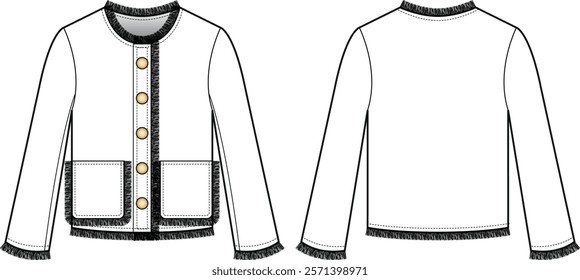 Technical Fashion Illustration of a Women's White Jacket with Black Fringe Trim and Gold-Toned Button Closure
