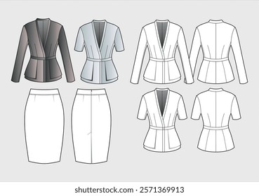 Technical Fashion Illustrations of Women's Business Suit with Blazer and Pencil Skirt in Three Variations