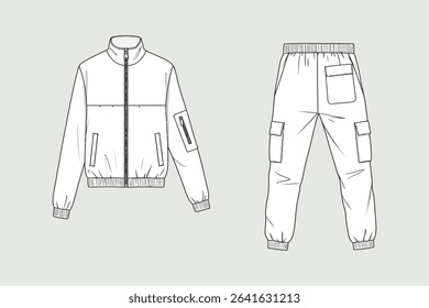 Technical Fashion Sketch of Tracksuit – Front and Back Views of Jacket and Cargo Jogger Pants

