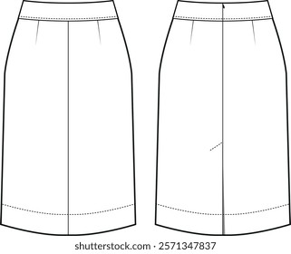 Technical Fashion Sketch of a Women's Fitted Pencil Skirt, Front and Back Views