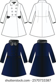 Technical Fashion Sketches of Double-Breasted Girl's Coats, Front and Back Views