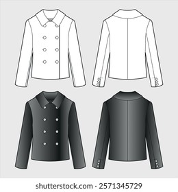 Technical Fashion Sketches of Double-Breasted Jackets in White and Dark Gray, Front and Back Views