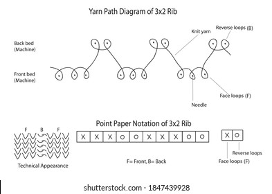 Technical flat and circular knitting yarn path and point paper diagram of 3x2 rib structure in textile engineering   