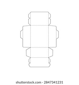 A technical flat die cut layout for a rectangular cardboard box showing fold lines and cutting paths for packaging design.