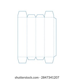 A technical flat die cut template layout for a rectangular cardboard box showing fold lines and flaps for packaging design.