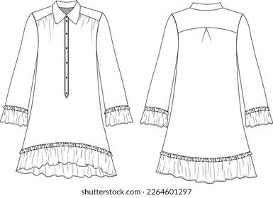 Technical flat drawing CAD vector technical sketch - front and back outline for fashion and textile manufacture, clothing template and garment details, ready to use silhouette for tech pack. 