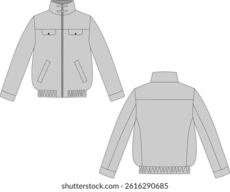 Technical flat drawing of men's jacket. Men's denim jacket. Vector technical illustration. Front and back view.