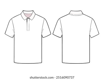 Eine technische Flachzeichnung eines Herren-Poloshirts mit kurzen Ärmeln. Diese Illustration ist perfekt für Modedesign, Musterherstellung und Bekleidungsherstellung.