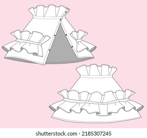 Technical Flat Drawing of Rose Ruffle Mini Skirt. Fashion illustration for girl. Technical drawing, vector, adobe illustration, flat drawing.