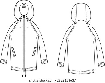 Technical flat illustration showing front and back views of a hooded jacket with zipper closure, drawstring hood, welt pockets, and ribbed cuffs, ideal for outerwear design references and apparel pattern development. Suitable for tech pack documentation, garment manufacturing specs, and fashion design education.
