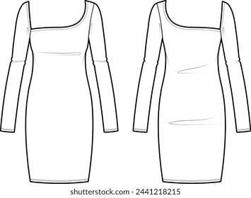 Technical flat sketch of Asymmetrical neck mini dress. Long sleeve mini dress with square neck. Front and back apparel. Vector mock up Template. 