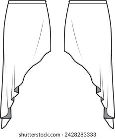 Technical flat sketch of Asymmetrical slip skirt. High low asymmetric mini skirt. Front and back apparel. Vector mock up Template. 