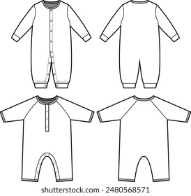 Technical flat sketch of Baby jumpsuit. Lounge set up. Long sleeve overall clothing with button closure. Knit one piece baby suit with snaps. Front and back apparel. Vector mock up Template. 