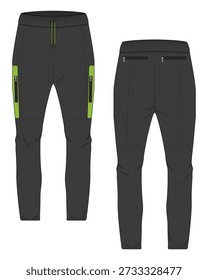 Esboço plano técnico de calças de jogger preto e verde frente e vista traseira