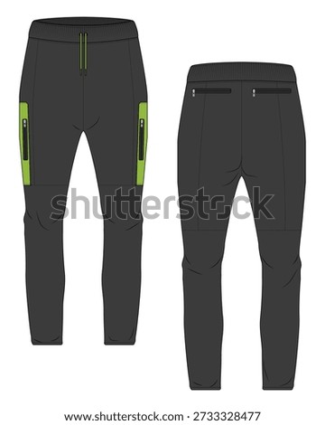Technical flat sketch of black and green jogger pants front and back view