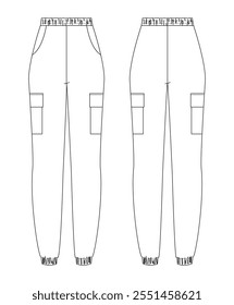 Boceto plano técnico de pantalones cargo con cintura elástica, puños elásticos y bolsillos para uso general, vistas frontal y posterior mostradas en contorno negro sobre un fondo blanco