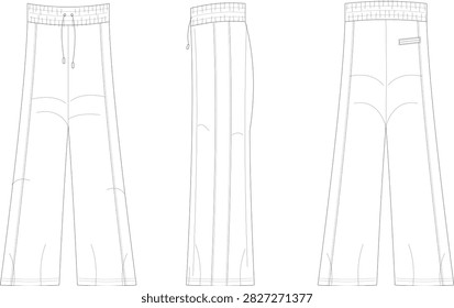 Technical flat sketch of casual drawstring pants with elastic waistband, stitching details, and back welt pocket design

