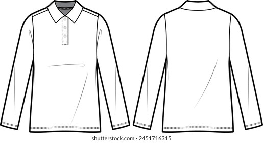 Boceto plano técnico de la camiseta de cuello. Camiseta de manga larga con media solapa de Botón. Ropa delantera y trasera. Vector de maqueta de Plantilla. 