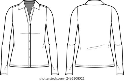 Boceto técnico plano de Botón con cuello en la camisa de punto. Top de jersey con cuello redondo y Botones. Ropa delantera y trasera. Vector de maqueta de Plantilla. 