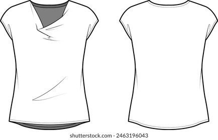 Technical flat sketch of Cowl neck blouse. Drop shoulder sleeveless top. Front and back apparel. Vector mock up Template. 