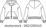 Technical flat sketch of a cropped zip up hoodie featuring a full front zipper, hood, kangaroo pockets, and ribbed cuffs and hem shown in front and back views. Ideal for fashion design, apparel development, technical specifications, garment production, and clothing mockup presentations.