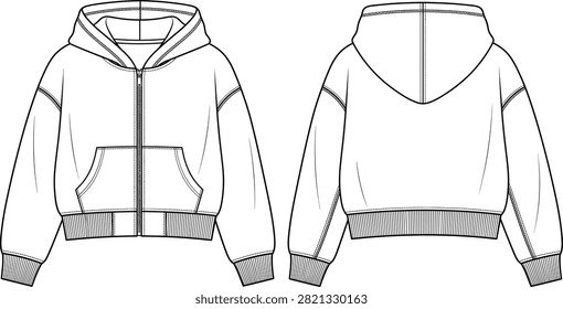 Technical flat sketch of a cropped zip up hoodie featuring a full front zipper, hood, kangaroo pockets, and ribbed cuffs and hem shown in front and back views. Ideal for fashion design, apparel development, technical specifications, garment production, and clothing mockup presentations.