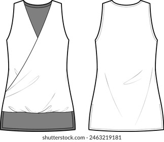 Technical flat sketch of Crossover sleeveless tank top. Surprise blouse with knit back. Front and back apparel. Vector mock up Template. 