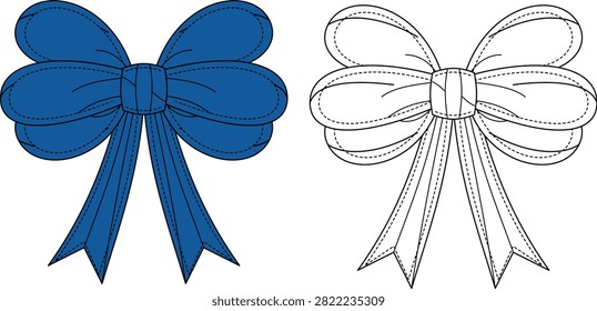 Technical flat sketch of a decorative ribbon bow with layered loops and streamer tails, shown in both solid blue and outline versions with stitching details. Ideal for fashion accessory design, gift wrapping graphics, hair accessory catalogs, and textile embellishment templates.
