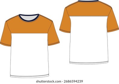 Technical flat sketch drawing of two tone color block t-shirt design