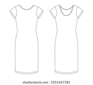 Technical flat sketch of a fitted T-shirt dress with short sleeves, round neckline in the front, and scoop neckline in the back, front and back views displayed in black outline on a white background