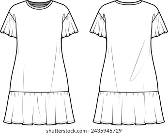 Technical flat sketch of Flounce hem mini dress. Flutter sleeve tiered dress with drop shoulder. Front and back apparel. Vector mock up Template. 