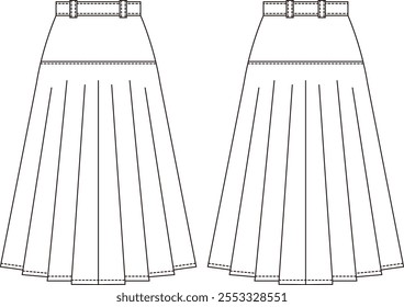 Technische flache Skizze Vorder- und Rückansicht eines plissierten Rocks. Kann in Modedesign-Projekten, Musterzeichnung oder Nähanleitungen verwendet werden.