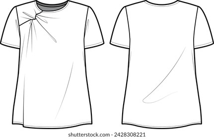 
Technical flat sketch of Front Knot Blouse. Gathered detail top with short sleeves. Front and back apparel. Vector mock up Template. 