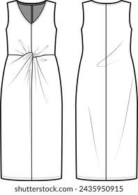 Technical flat sketch of Front knotted midi dress. Sleeveless dress with V-neck and gather details. Front and back apparel. Vector mock up Template. 