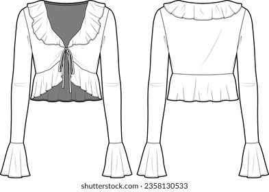 Technical Flat sketch of front tie ruffled blouse. Vector mock up. Deep V-neck top with circular flounce sleeves. Woman cropped top w. peplum, ribbon tie, frill trims. CAD, Template. svg