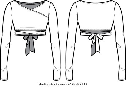 
Technical flat sketch of Front Wrap Crop Top. V-neck yoga top. Front and back apparel. Vector mock up Template. 