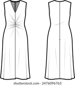 Technical flat sketch of Gathered V-Neck midi dress. Waist defining pleat Detail. Front and back apparel. Vector mock up Template. 