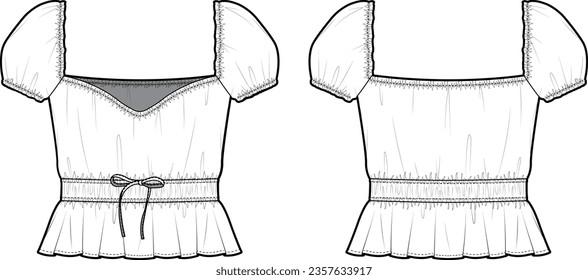 Esbozo técnico plano de la recolección de blusa detallada. El boceto trasero delantero se burla. Vector de manga corta con cuello de corazón. La mujer cortó la blusa con. peplum frill, plantilla, cintura elasticada, corbata.