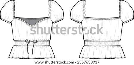 Technical Flat sketch of gathering detailed blouse. Front back sketch mock up. Vector short sleeve top with sweetheart neck. Woman cropped blouse w. peplum frill hem, template, elasticated waist, tie.