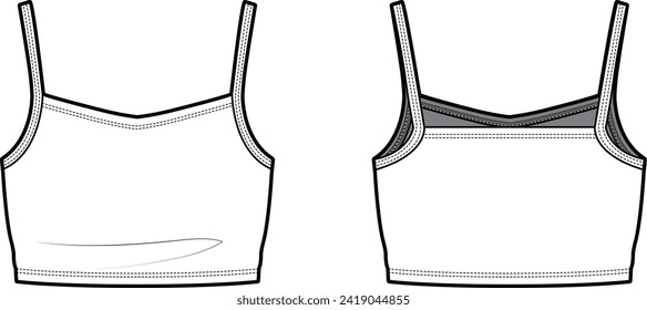 Esbozo plano técnico de la cubierta sin mangas de la chica. Tapa de hombro del tanque de cuello V. El vector se burla de la plantilla.