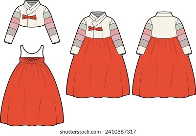 Technical flat sketch of girl's Hanbok. Traditional Korean attire. Crop jacket, skirt, volume sleeves, ribbon straps. Vector mock up Template. 