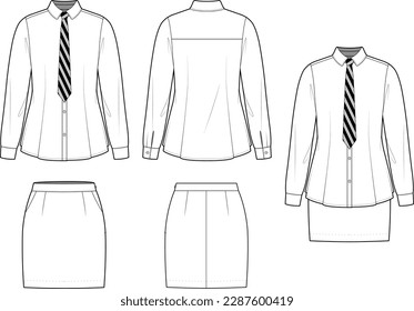 Technical flat sketch of girl's school uniform design template. White collar shirt and mini skirt set mock up vector illustration. Button-down classic shirt and striped neck tie set drawing template.