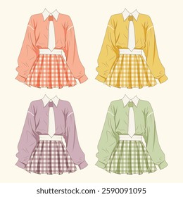 Technical flat sketch of girl's school uniform design template. school uniform set. vector illustration.